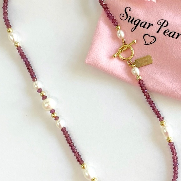 Freshwater Pearl, Garnet & 14K Gold Necklace - Picture 7 of 8